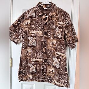Men's Vintage Hawaiian Island Print 100% Cotton Button-Up Shirt Resort Vacation